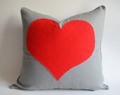 Sukan / Red Heart Pillow Cover  Linen Pillow Gray - Decorative Pillow - Accent Pillow - 20x20 inch