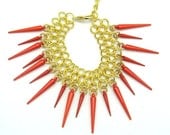 Red Spike Bracelet - Punk Rock Jewelry - Funky Jewelry - Arm Party - High Fashion - Gold Chain Bracelet