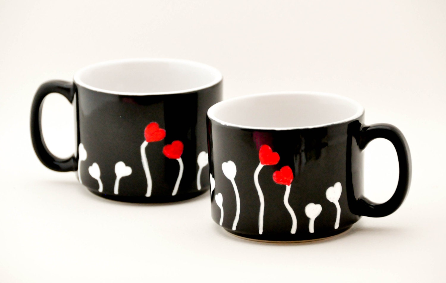 Love and Hearts Coffee Mugs - Hand painted hot chocolate cups - made to order - Red, White, Black