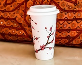 Cherry Blossoms Travel mug - Made to Order - Hand Painted sakura porcelain eco-cup - Red and White Valentine's Day Gift - Silicon lid