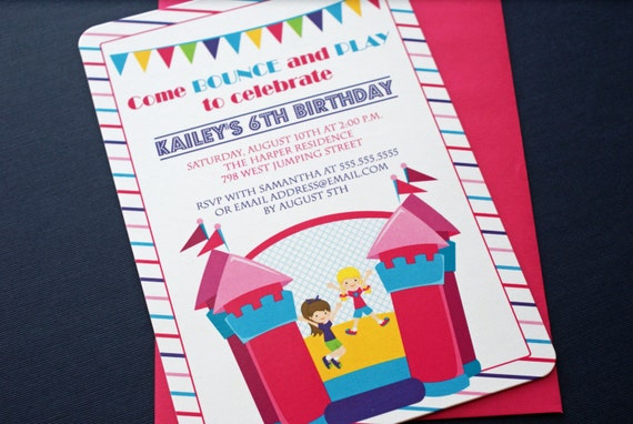 PRINTED Girl's Bounce House Birthday Party Invitations - Digital Version Available Il_570xn
