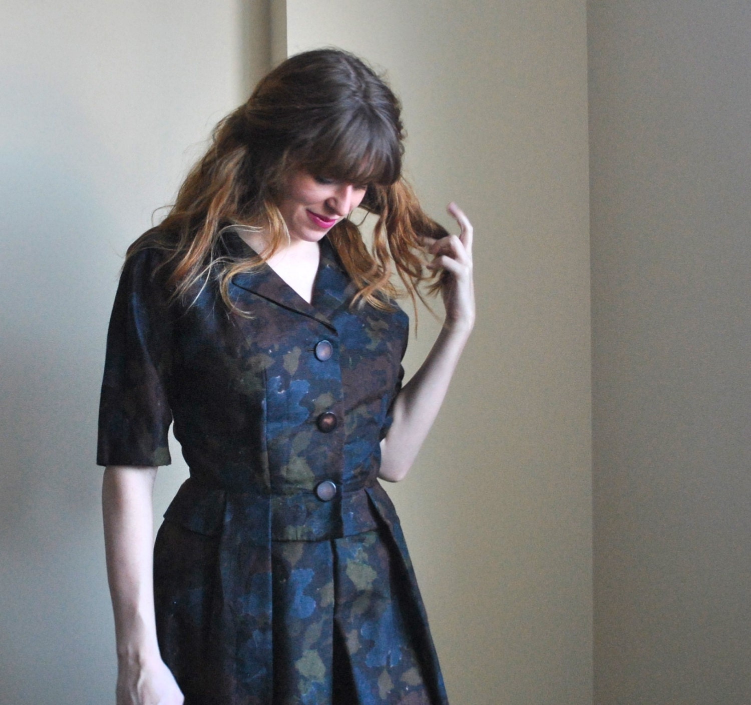Mad Men Style 50s 60s Dark Dress - Full Skirt Medium Dress - 60s Dark Stepford Wife Dress