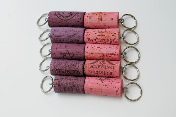 Wine Cork Party Favors, Cork Keychains, Purple and Pink Wedding Favors - oak wine corks, keychains key chains - GNO