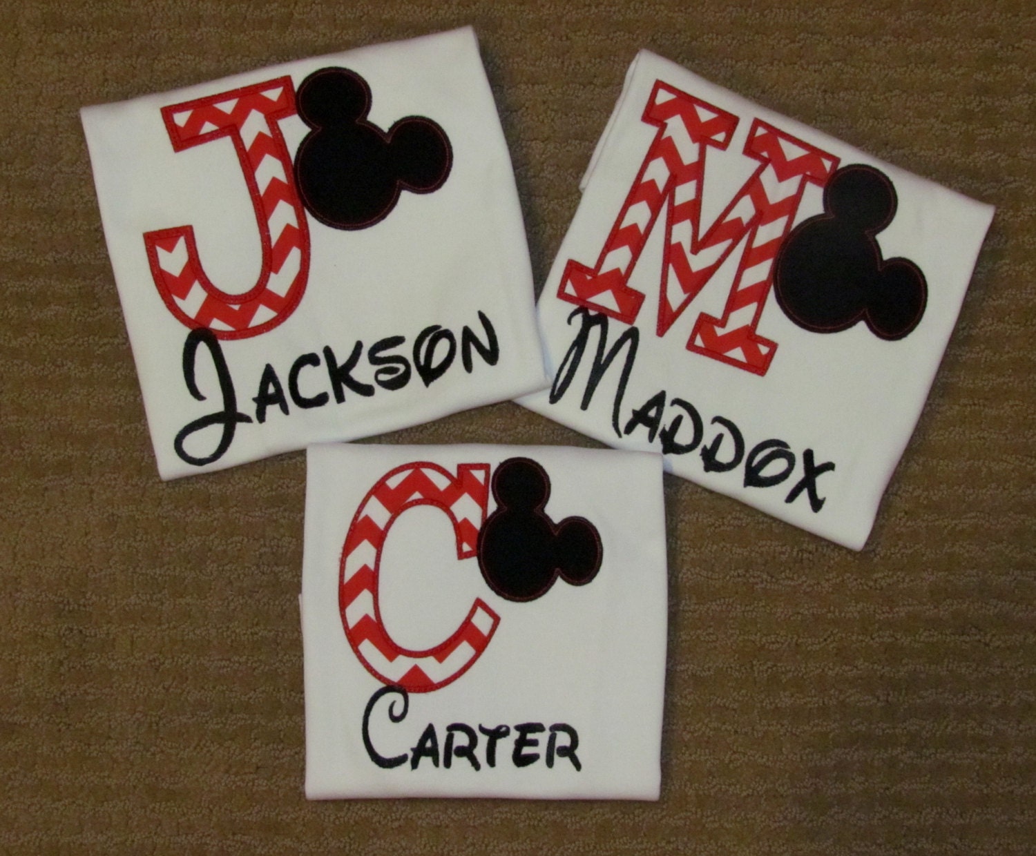 THREE Boys or Girls, Long or Short Sleeve, Mickey Mouse, Appliqued Letter, Shirt or Onesie, YOU DESIGN, Birthday, Disney Vacation