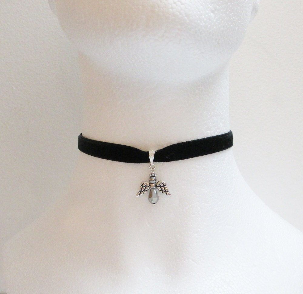 Angel Black, White, Pink, Mint, Rose Pink Velvet Choker with Angel Deco / Wedding Necklace / Prom Choker / Get Well Gift