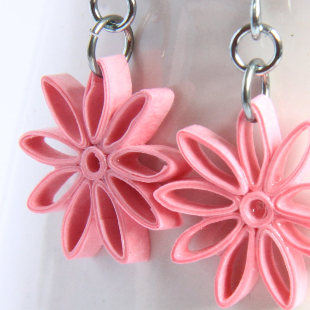 Pink Star Earrings Nine Pointed Paper Quilling bridesmaid gift with Niobium Earring Hooks Eco Friendly Earrings / Artisan Jewelry