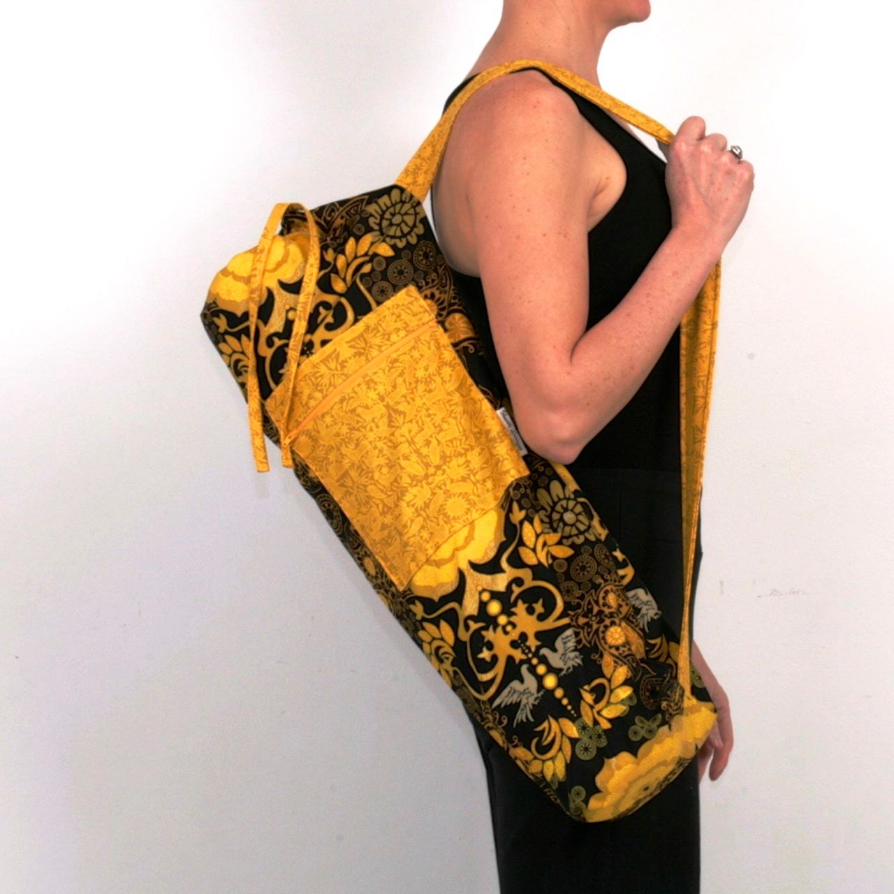 FREE SHIPPING- Blackbird Gold Yoga Mat Bag with a Zipper Pocket