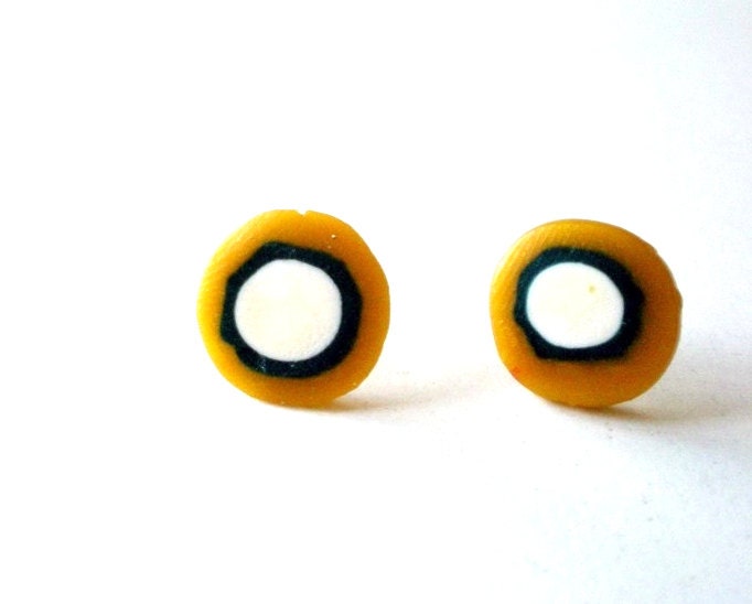 Yellow circles stud earrings -post earrings polymer clay -millefiori- under 25
