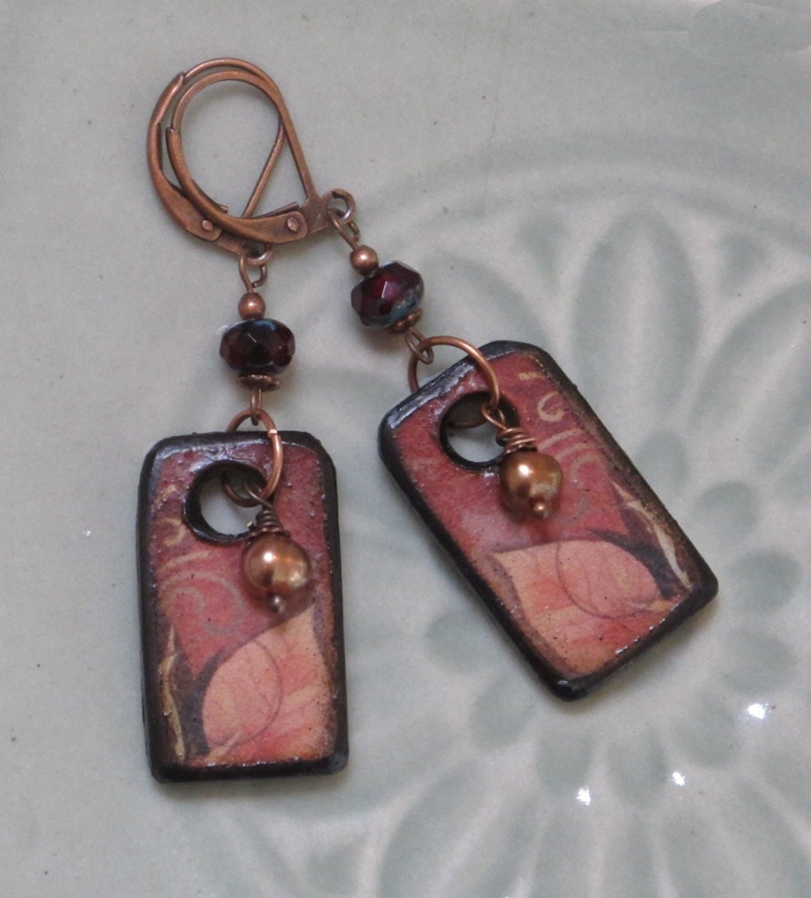 Leaf and Swirl ART Tiles in Red, Rust, Tan and Brown with Czech Glass and Freshwater Pearl