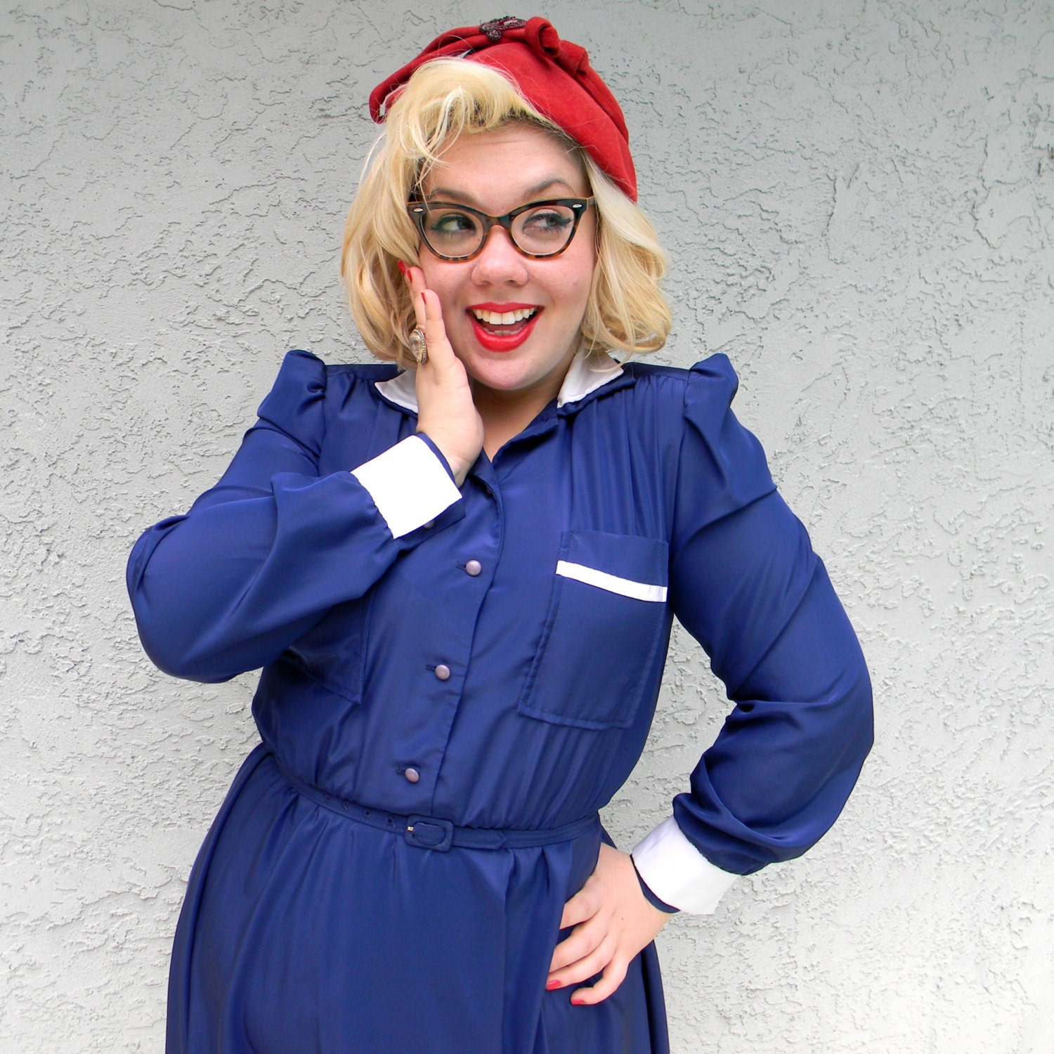 Sailor Lady - Vintage 80s does 40s Navy Blue Shirt Waist Secretary Dress w/ White Accents and Matching Belt - Size 9/10 11/12