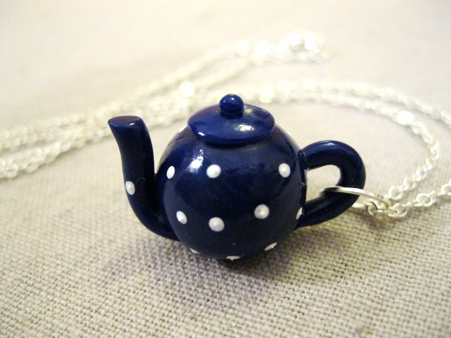 Handmade White Polka Dot Blue Teapot Necklace - Tea Jewelry by Coryographies