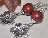 Daisy Pewter Flower and Burgundy Swarovski Pearl Earrings