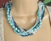 Blue Crystal, Quartz and Blue Freshwater Pearl Multi Strand Necklace and Earring Set