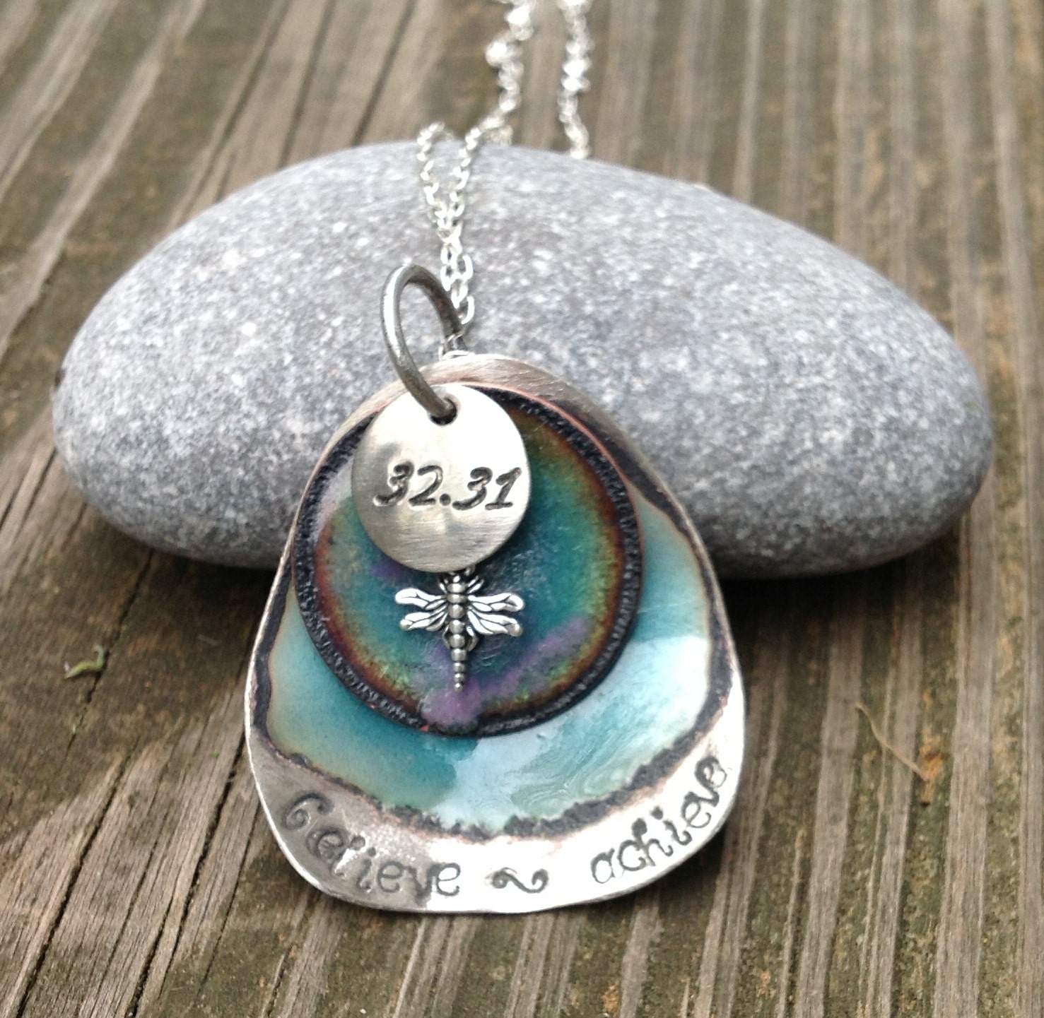 Custom running or yoga necklace ocean blue and purple enamel with dragonfly charm