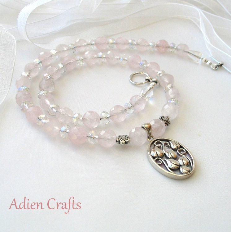 Rose Quartz Necklace, Sterling Silver, Pink Jewelry, Mother of Pearl, Bridal Vintage Style, Downton