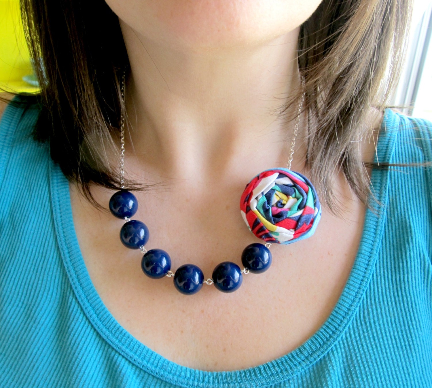 Navy Blue fabric flower statement necklace