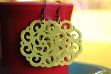 Yellow filigree earrings wood