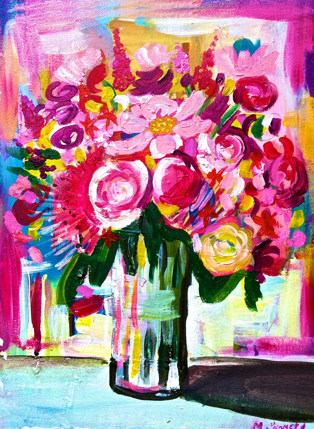 8X10 Painting Print- print from original acrylic painting. Bright Neon flower arrangement in vase. Hot pink, magenta flowers. Colorful