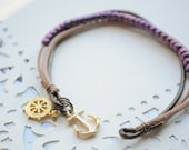 Anchor Bracelet No. 54- Purple czech glass beads, gold anchor clasp, brown leather cord