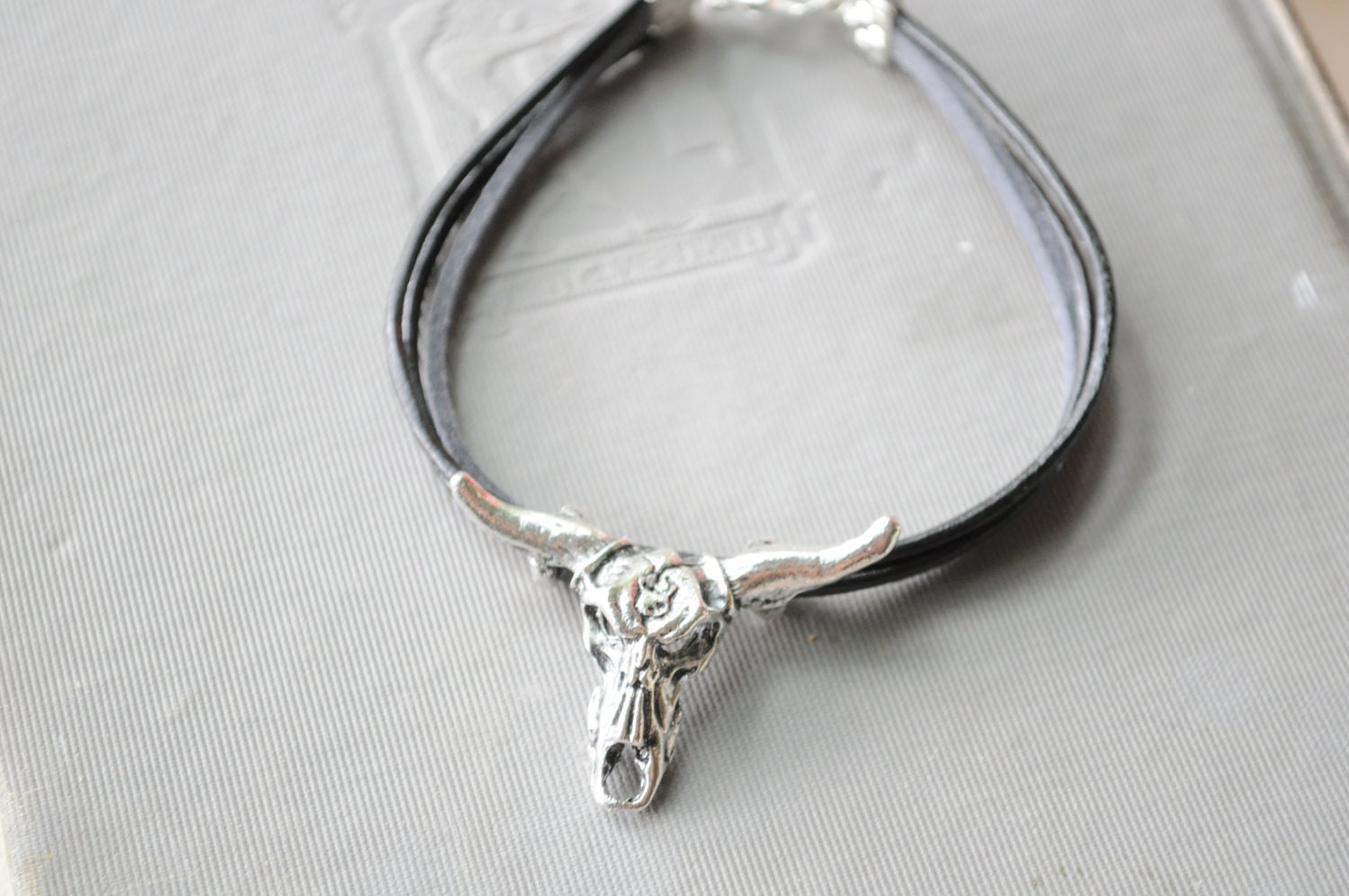 Tribal Bracelet No. 2- Bull Bracelet- Taurus Bracelet- silver bull charm, leather cord, suede