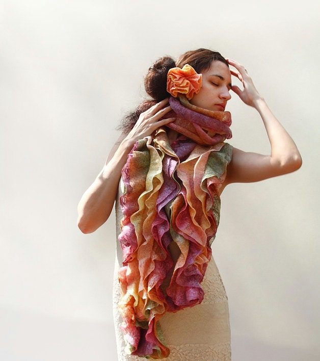 Original Felted Boa Scarf for women free shipping orange peach felted long boa scarf with ruffles MADE TO ORDER  preview gift guide