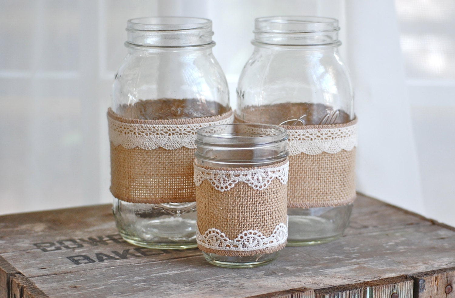 Set of 3 burlap and lace mason jars, rustic wedding decor, country wedding decor, rustic vase - HeidieWithAnE