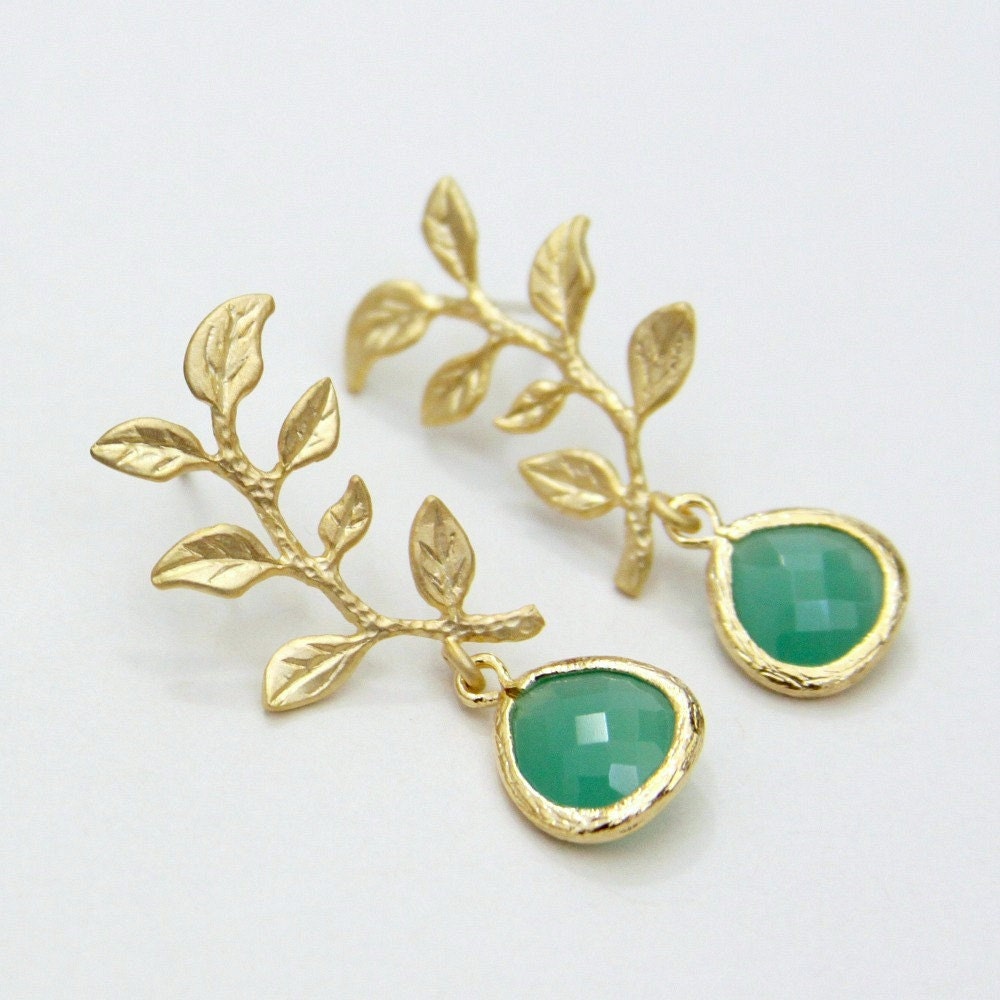 Organic Golden Leaf Branch Palace Green Teardrop Glass Post Earrings