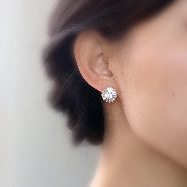 Art Deco Gold Cubic Zirconia Post Earrings Sterling Silver Pin