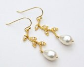 Bridal Pearl Earrings Swarovski Pear Pearls Golden Twig with Cubic Zirconia details