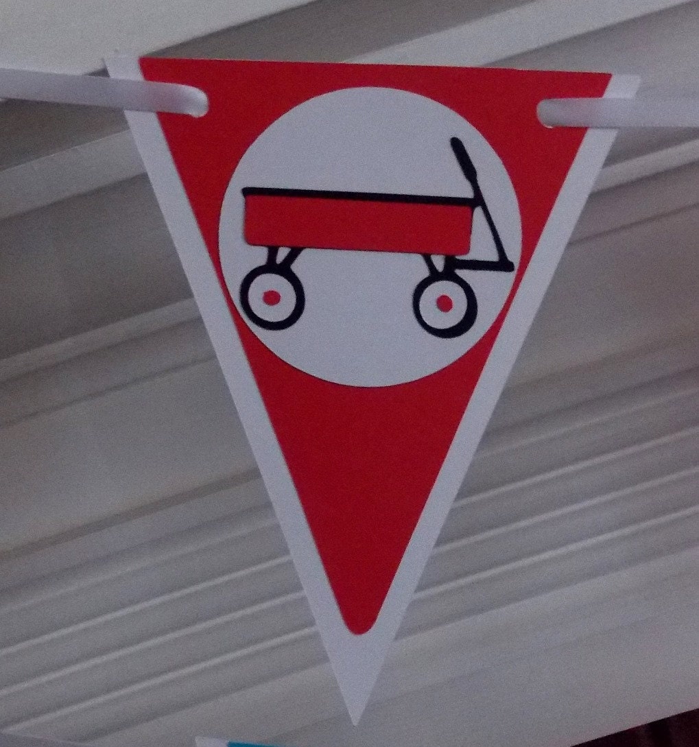 Little Red Wagon Happy Birthday Banner ... Red and Blue ... READY TO SHIP ... customize colors & message ... panels adjustable Il_170x135