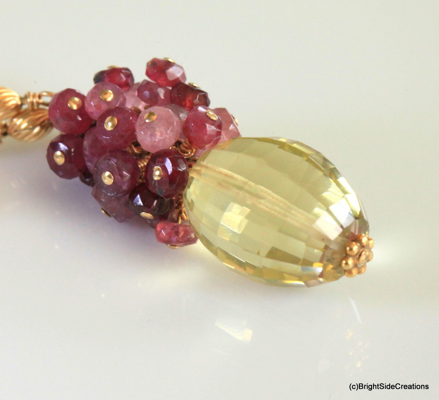 White Grape Red Wine Gemstone Necklace with Green Gold Quartz, Grossular Garnet and Pink Tourmaline in Gold