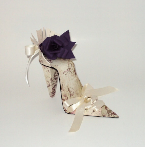 Paper Shoe Art Purple Rose Extreme High Heel Shoe Sculpture Centerpiece OOAK