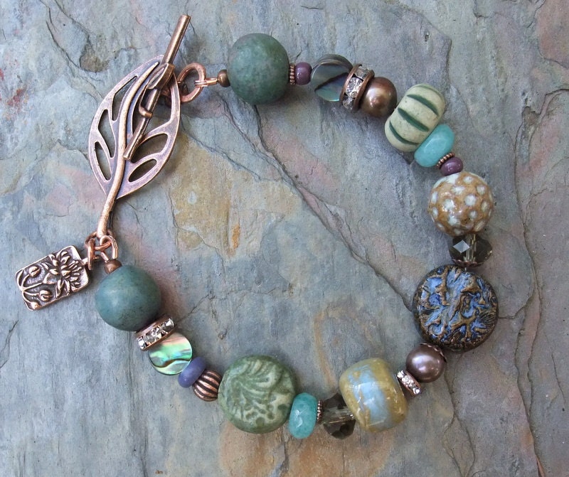 St. Patrick's Bracelet, Beaded Bracelet, Copper, Pottery, Blue, Green, Freshwater Pearls, Crystals, Purple