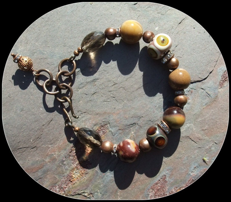 Mustard and Red Wine Bracelet, Mokaite, Loupiac,Potato Pearl, Antique Copper, Bracelet