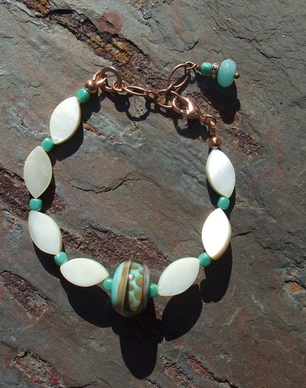 Waves, Lampwork, Shell, Copper, Amazonite,Crystals,Cubes, Blue, Turquoise,Loupiac, Handmade Bracelet