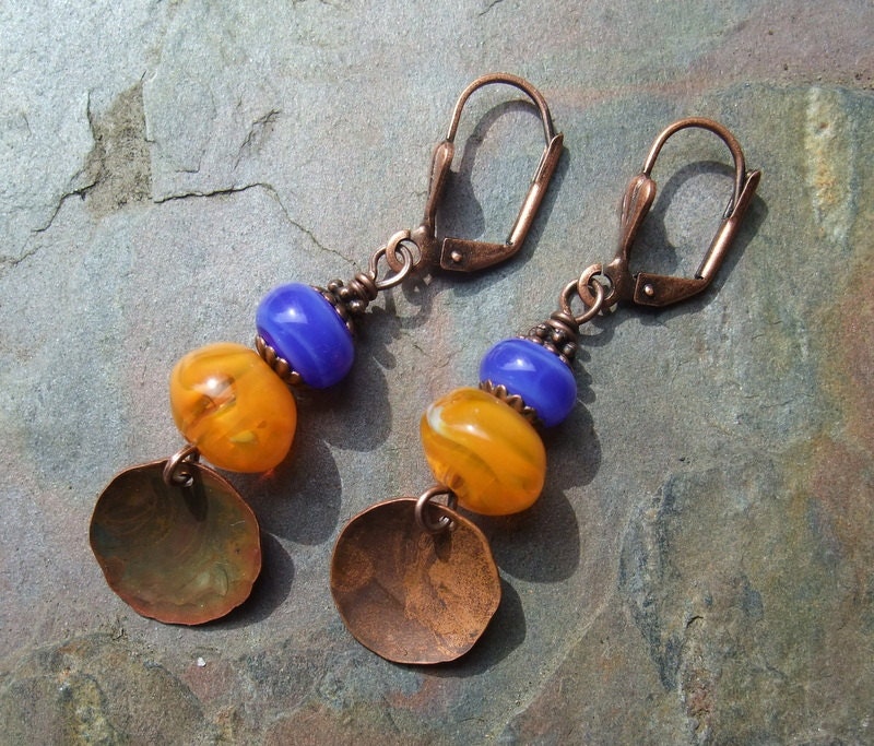Blue and Tangerine Earrings with Handmade Copper Discs.