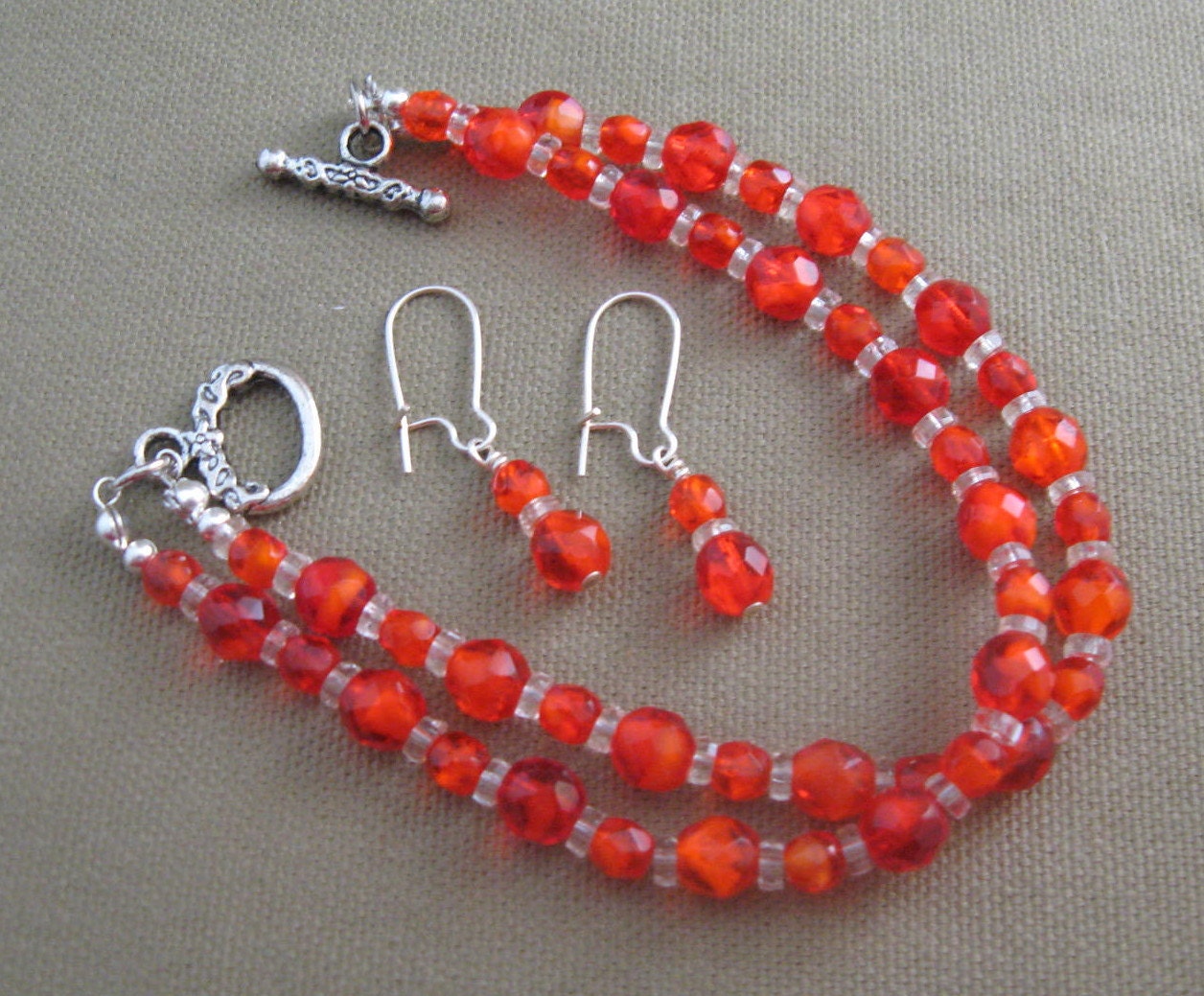 Double Strand Orange Crystal Bead Bracelet Earrings Set