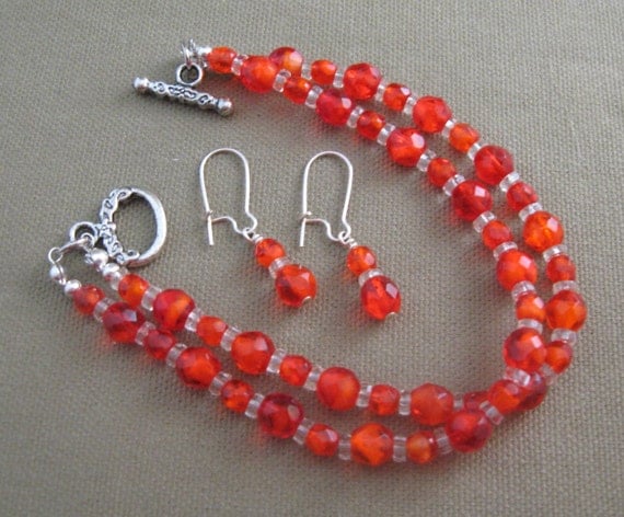 Double Strand Orange Crystal Bead Bracelet Earrings Set