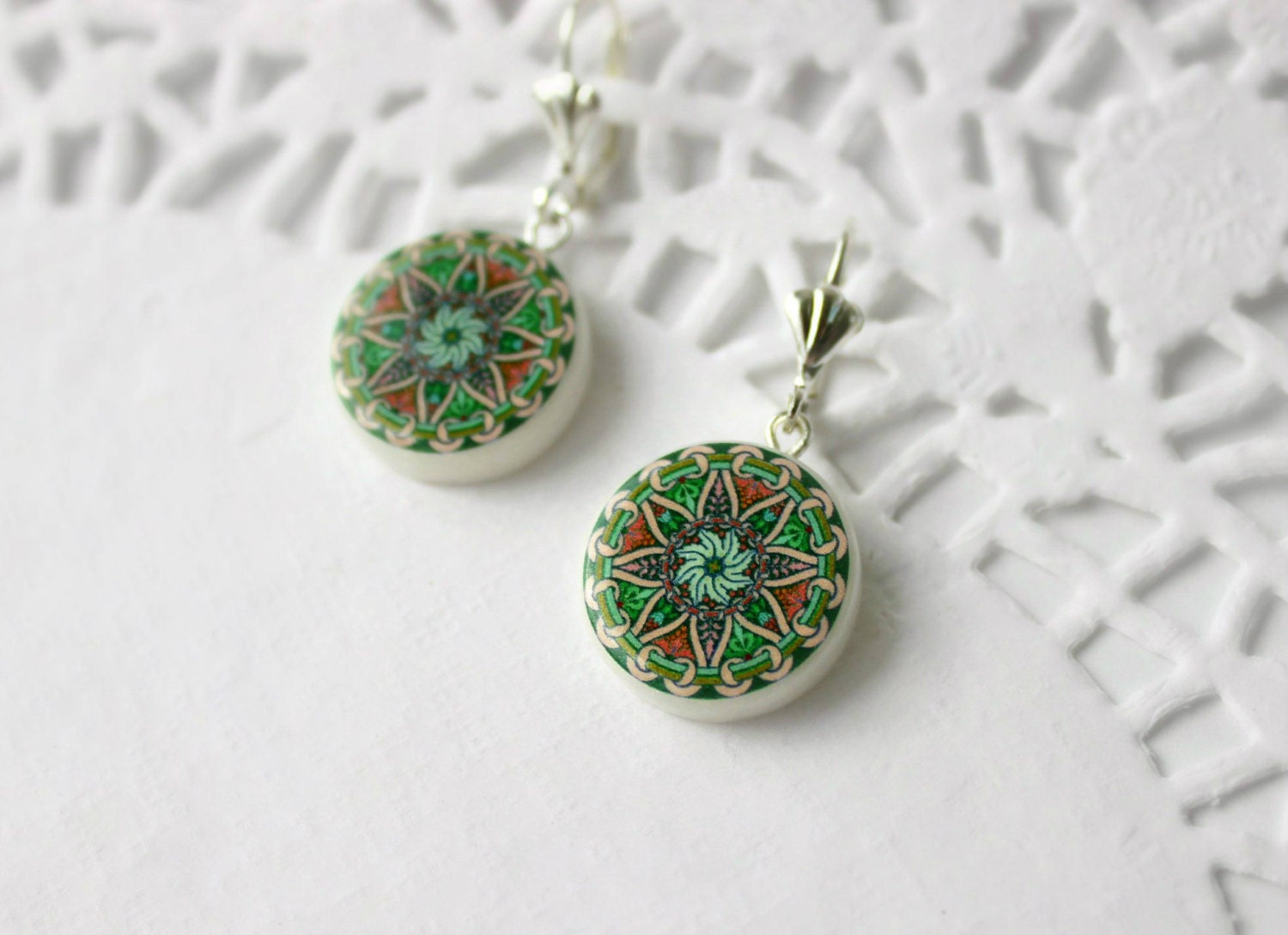 Abstract Green and Pink Ornament Colorful Earring, Polymer Clay