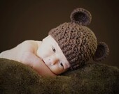 Baby Boy Hat, 0 to 3 Months Baby Boy Teddy Bear Hat, Handmade Baby Hat, Chocolate Brown with Ears. Great for Photo Props. Baby Shower Gift.