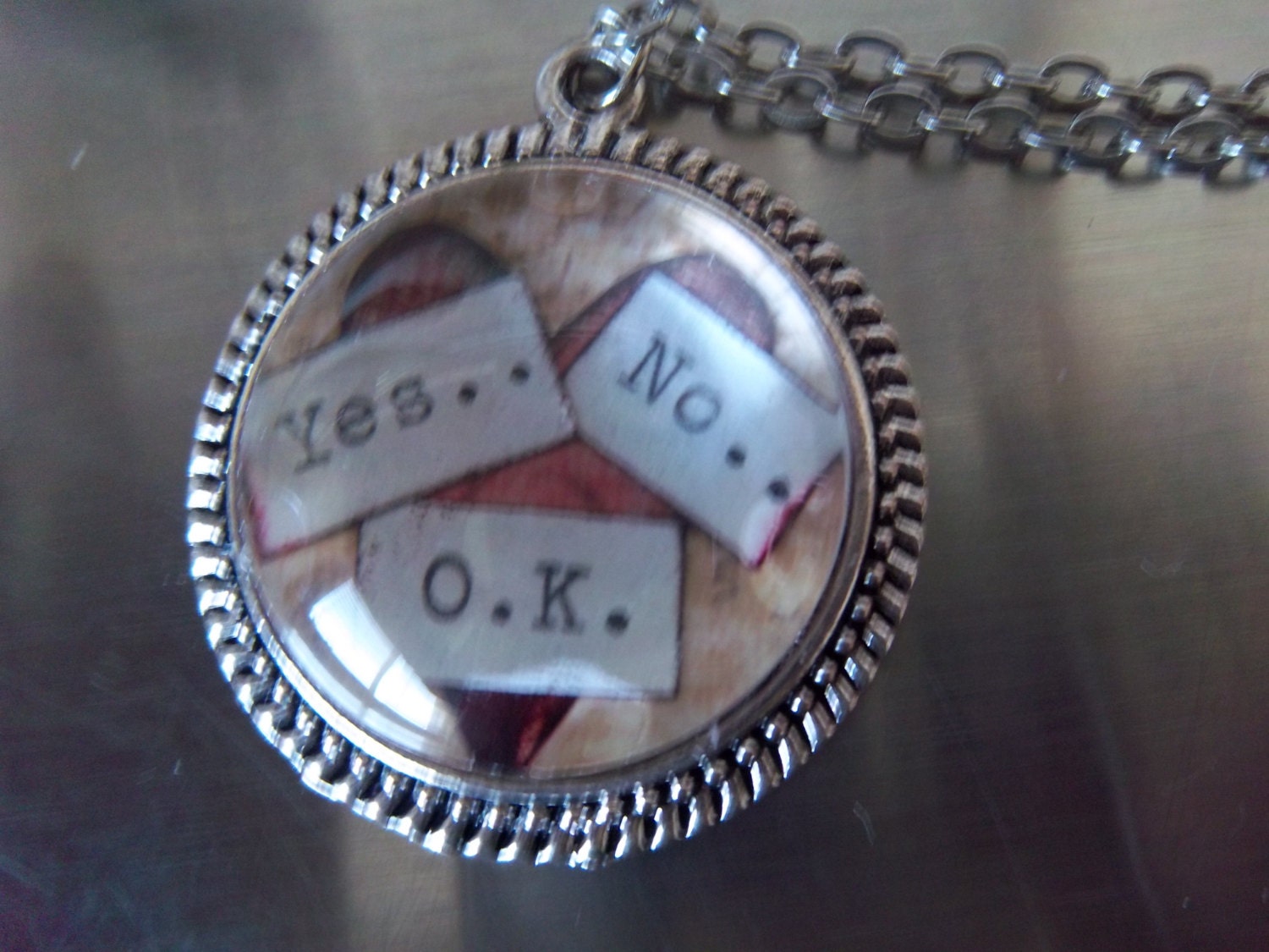 Art pendant mixed media necklace handmade word art pink heart charm unique jewelry accent