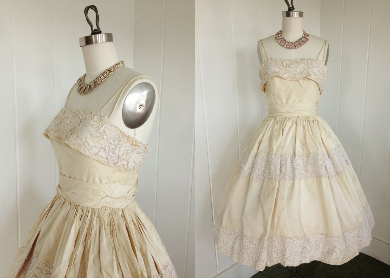 1950's Vintage Cream Party /  Wedding Dress with Lace