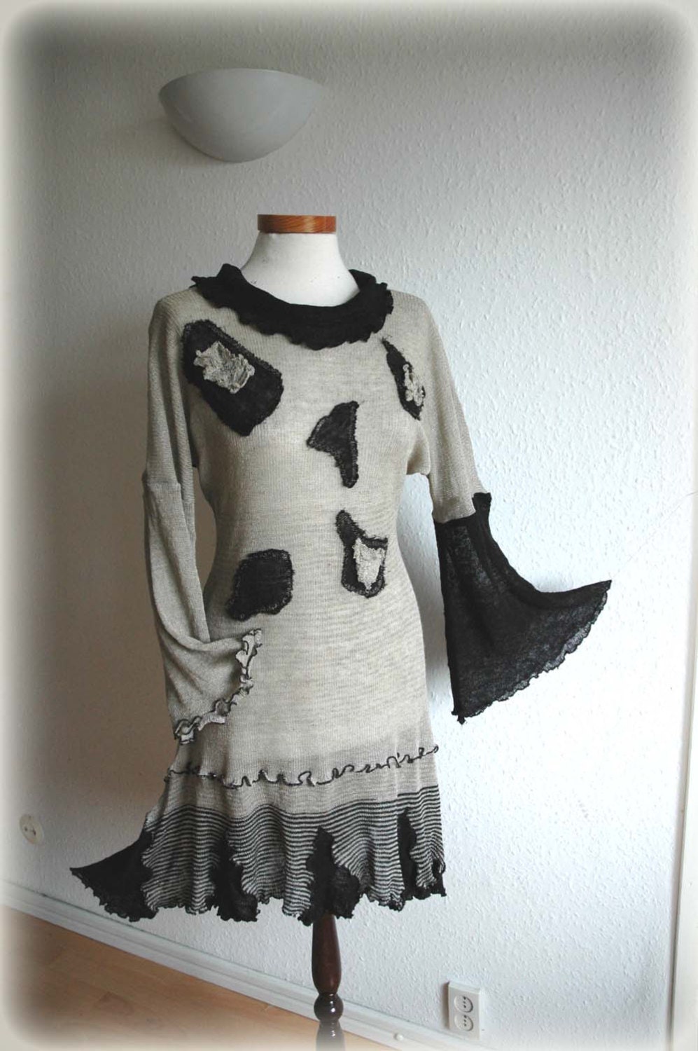 Asymmetrical Black Grey Tunic Dress Linen Knitted With  Appliques Eco Friendly Clothing Natural M L Size