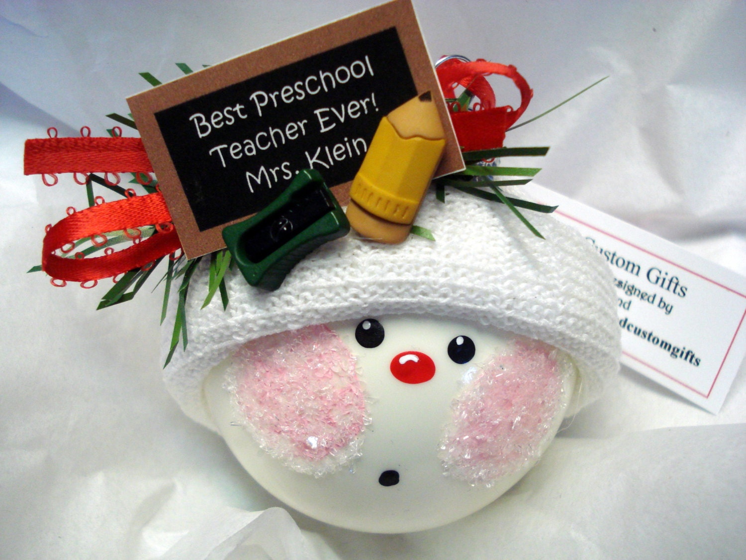 Preschool Teacher Snowman Ornament Christmas Tree Bulb Hand Painted Glass Snowball Face Personalized