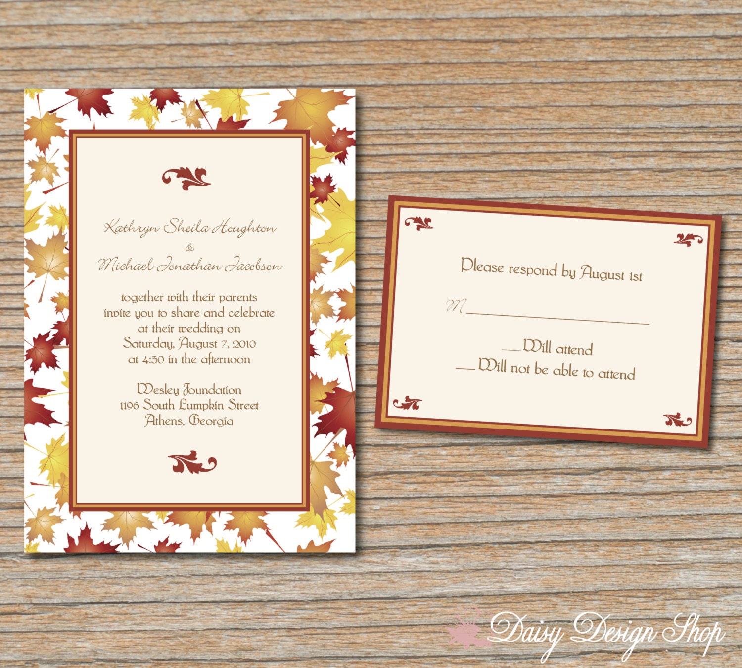 Wedding Invitation - Autumn Leaves Border in Fall Shades - Invitation and RSVP Card with Envelopes