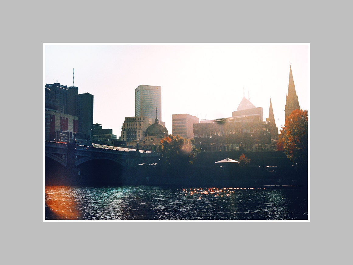 Still Life FILM Photo 8 x 12 Print. Melbourne, Australia, Landscape, Autumn, Bridge, Light Leak, Film Photo, Orange, City Skyline, Water