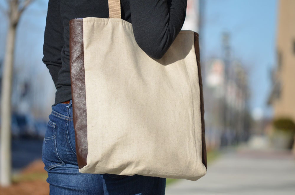 Leather and Linen Tote- extra large bag shopping oxford stripe khaki womens mens bookbag carryon overnight duffel