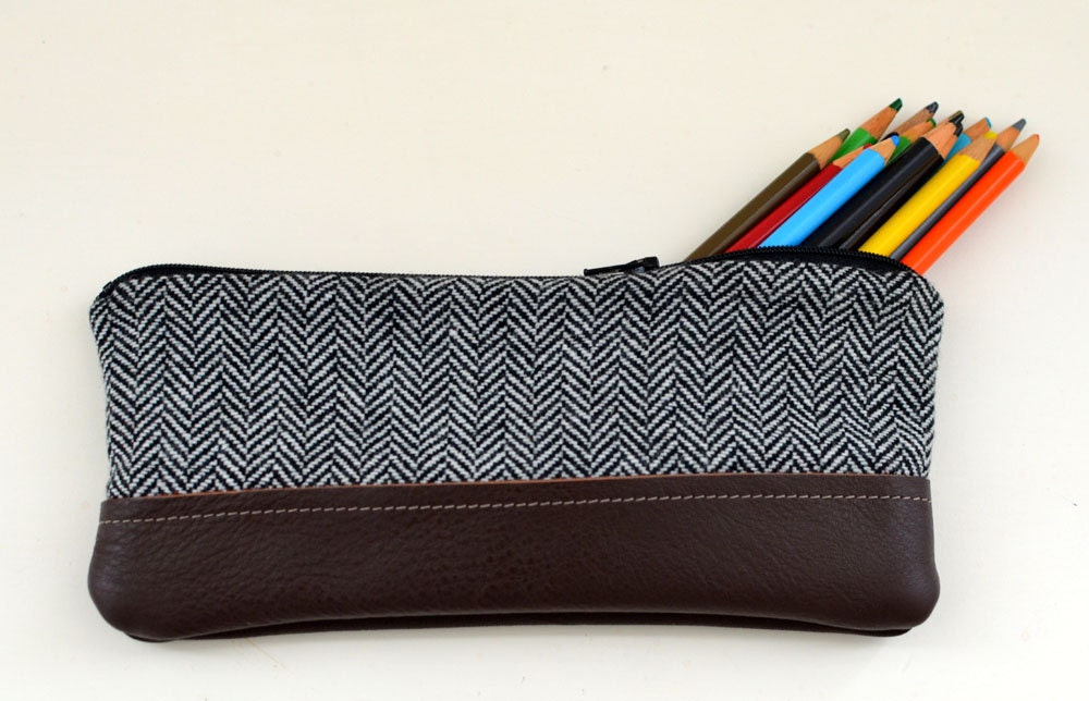 Pencil Case in Black Herringbone and Leather- zipper pouch mens yellow linen jewelry travel wool menswear suiting