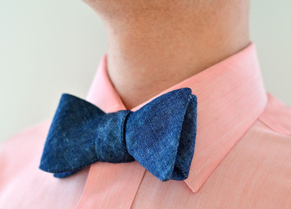 Men's Bow Tie in Navy Chambray- mens blue freestyle wedding groomsmen bowtie neck self tie casual