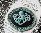 Octopus Cameo Brooch Pin- Black & Seafoam Green